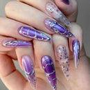 Purple Gradient Flower Nails Press on Long Stiletto Nails Silvery Line Wearable Full Cover Nails Tips