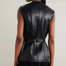 Genuine Leather Jacket Waistcoat Autumn Women Black  Zipper With Belt Vest Jacket Tops