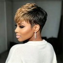 Pixie Cut Human Hair Wig Black Honey Blonde Ombre 6 Inch Curly Layer Short Wig
