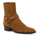 Brown leather boot with crocodile pattern and strap on a white background, Obroi