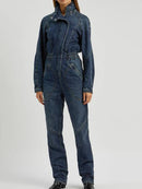 Casual Denim Jumpsuits For Women Lapel Long Sleeve High Waist Straight Jumpsuit Female