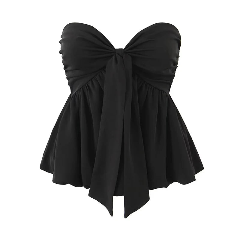 Women Chic Party Knotted Strapless Top Elegant Ladies Summer Black Crop Top