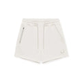 Off-white fleece shorts with a drawstring waist, a zippered pocket on the left side, and a small embroidered wing logo on the lower right leg, shown on a plain white background, Obroi