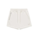Off-white fleece shorts with a drawstring waist, a zippered pocket on the left side, and a small embroidered wing logo on the lower right leg, shown on a plain white background, Obroi