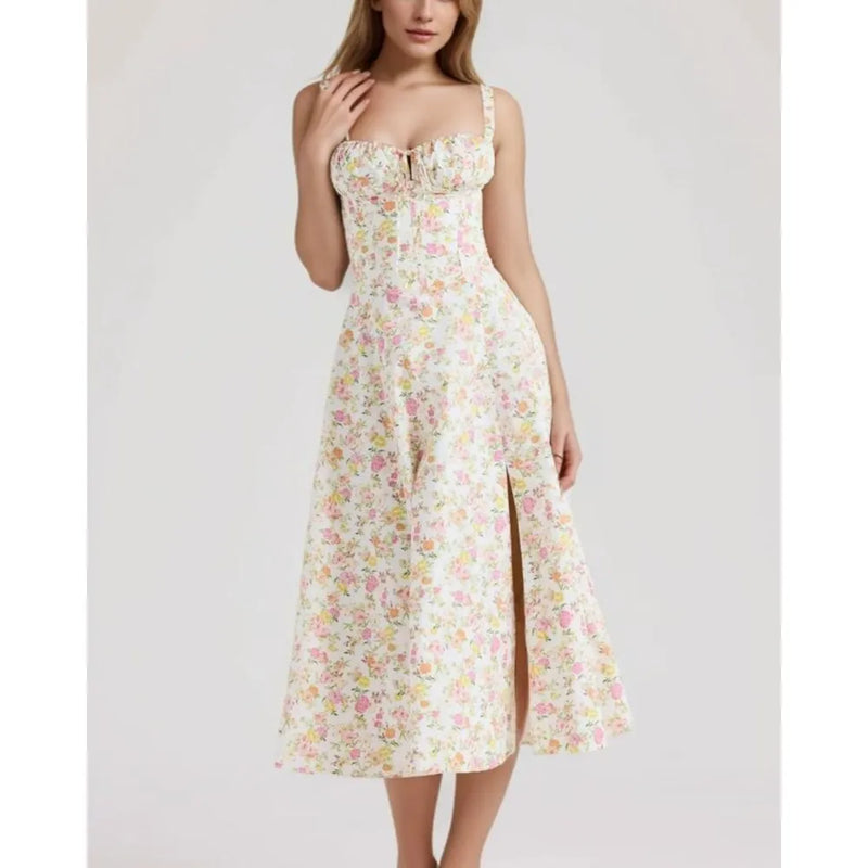 Sexy Cross Lacing Up Bandage Back Flower Sling Dress Corset Style Bow Chest Hem Slit Swing Midi