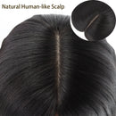 Black human hair with a natural-looking center part, shown from above with the text 'Natural Human-like Scalp' and a circular inset close-up of the part detail, Obroi