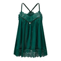 A dark green sheer mesh chemise with black lace trim and adjustable spaghetti straps, shown against a plain white background, Obroi