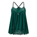 A dark green sheer mesh chemise with black lace trim and adjustable spaghetti straps, shown against a plain white background, Obroi