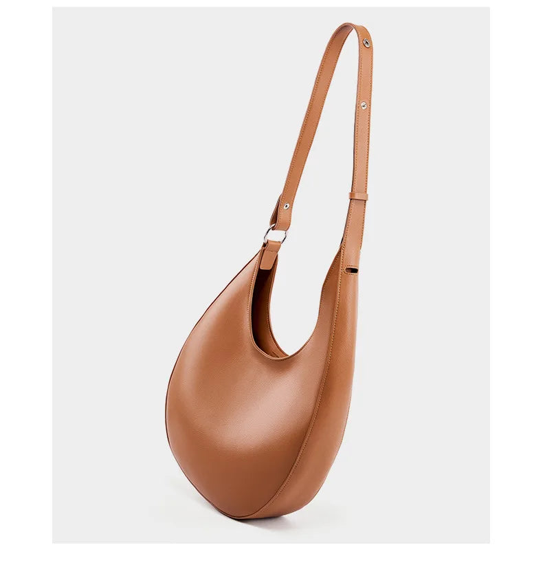 Classic Moon Design Armpit Shoulder Bag Smooth Split Women Handbag Large Adjustable Handle Tote