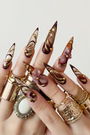 24Pcs Long French Stiletto Nails Flower Full Cover Nails Tips Golden Line Reusable Press on Nails
