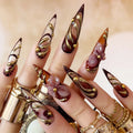 24Pcs Long French Stiletto Nails Flower Full Cover Nails Tips Golden Line Reusable Press on Nails