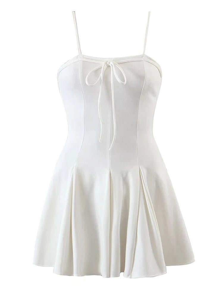 Women Bow Lace Up Sling Sexy Dress Vintage Solid Ladies Short Summer Dress Romantic Female