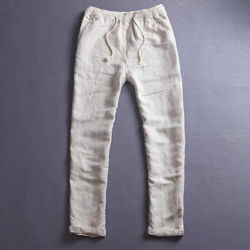 Linen Solid Blue Elastic Waist Straight Loose Trousers Summer Breathable Drawstring Men Clothing