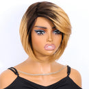 Mannequin head with a blonde and brown wig on a white background, Obroi