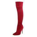 Red knee-high boot with a high heel on a white background, featuring the brand 'Obroi'.