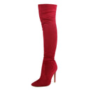 Red knee-high boot with a high heel on a white background, featuring the brand 'Obroi'.