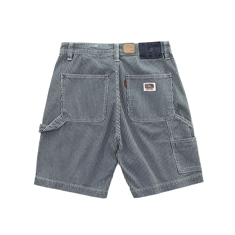 Summer American Retro Denim Striped Tooling Shorts Men's Loose Casual Pants