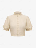 Gothic Puff Sleeves Ruffles Neck Full Buttons Cropped Top Ladies Summer Streetwear Textured T-Shirts