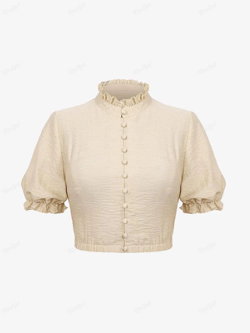Gothic Puff Sleeves Ruffles Neck Full Buttons Cropped Top Ladies Summer Streetwear Textured T-Shirts