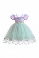Children's dress with purple top and green skirt on a white background, Obroi
