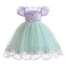 Children's dress with purple top and green skirt on a white background, Obroi