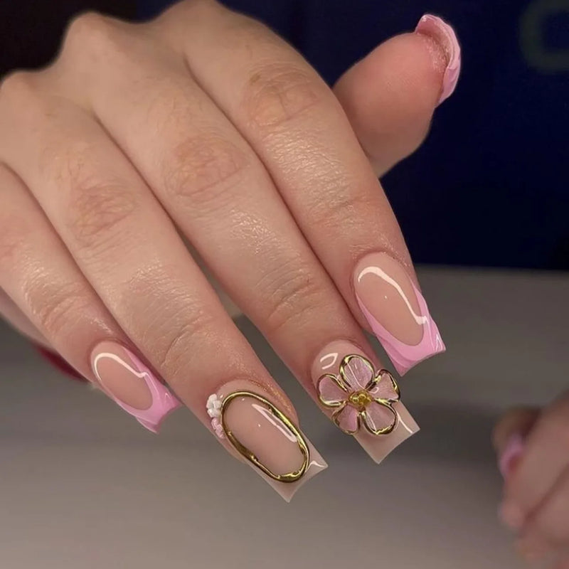 Pink Flowers Metal Bead Wearable Nail Chic Short Almond Press on Nails