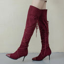 Female Motorcycle Boots Pointed toe Thin heels Flock Cross-tied Club Party