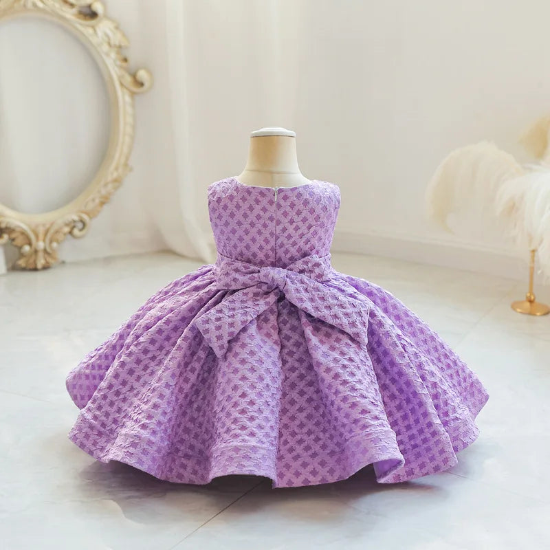 Sweet Solid Plaid Flower Baby Dress Kids Evening Birthday Party Outfit For Girls