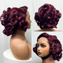 Wavy burgundy wig on a mannequin head with close-up views against a white background, Obroi