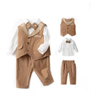 Brown children's suit with vest, shirt, and pants on a white background, labeled 'Obroi'.