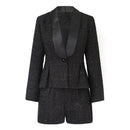 Women Set Suit Long Sleeve Belt Autumn Winter Woolen Shawl Collar Single Button Bow Plaid Shorts