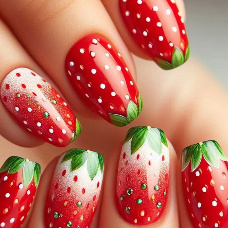 Nails with strawberry design on a neutral background