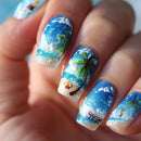 Nails with beach-themed design featuring palm trees, sand, and ocean waves, Obroi