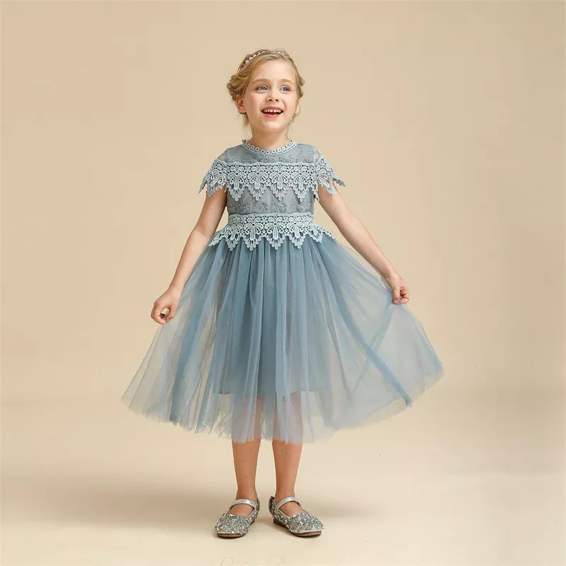 Summer Vintage Lace Tulle Dress Flower Elegant Kids Princess Dresses for Wedding Birthday Party Costume Girl Clothes
