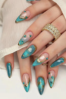 Nails with blue and gold design on a white background, Obroi