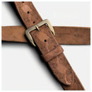 Brown leather belt with embossed design and brass buckle on a white background, Obroi