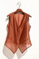 Brown sleeveless top on a hanger against a white background, Obroi