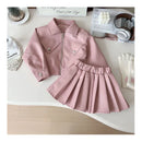 Girls Autumn Clothing Leather Jacket Suit Children Motorcycle Set Short Coat Pleated Skirt