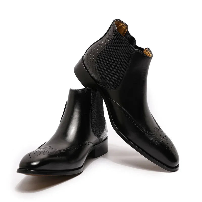 Luxury Men Genuine Leather Ankle Boots Black/Brown Wingtip Snake Buckle Strap Chelsea Shoes