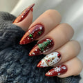 24Pcs Almond Head Press on Nails Sets Christmas String Lights Stick on Nail Glitter Winter Nail