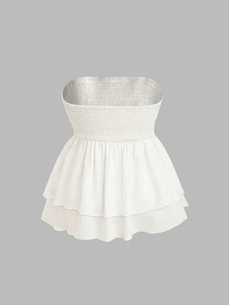 Women Summer Holiday Style Double Layer Ruffle Swing Tube Women's Tops