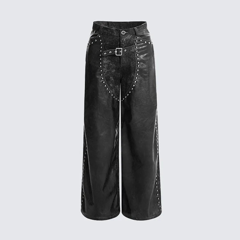 Leather Pants Metal Rivet Patchwork Design Personalized Straight Casual Pant Male