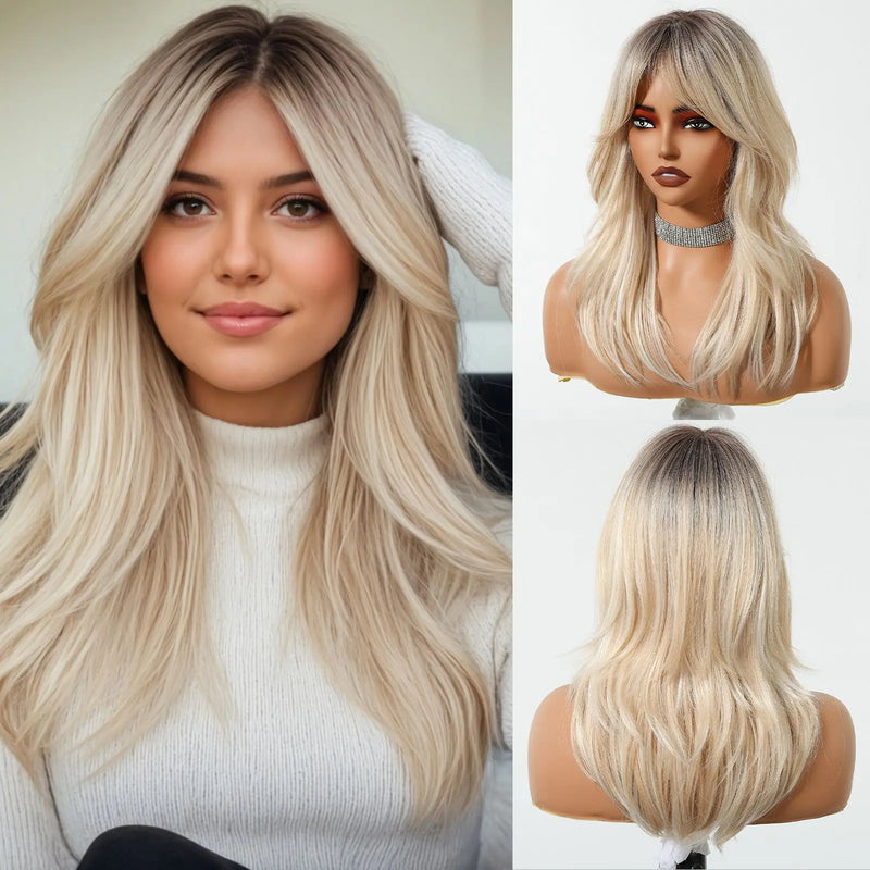 Light Brown Wig with Bangs Long Body Wavy Wigs for Women Heat Resistant Fiber Fake Hair Daily