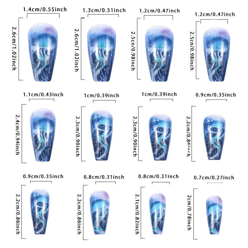 24pcs Set Short Square Glossy Ballerina Nails Jellyfish Blue Sea Wave Flowers Geometric Design Press on False Nails
