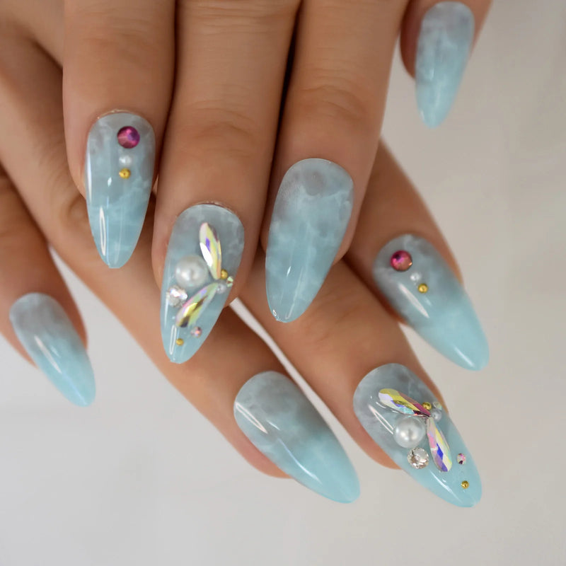 Luxury Press On Nails Pearl Wings Bling False Almond Fake Nails Set Unique Designs For Women Girls