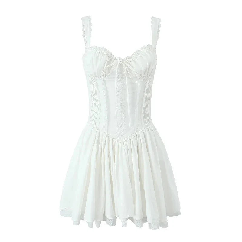 Ruched Chest Spliced Lace Corset Style Sling Dress Woman Cross Bandage Back Low Waist Swing Mini