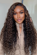 Side-by-side comparison of a person and a mannequin head wearing a curly wig with obroi branding.