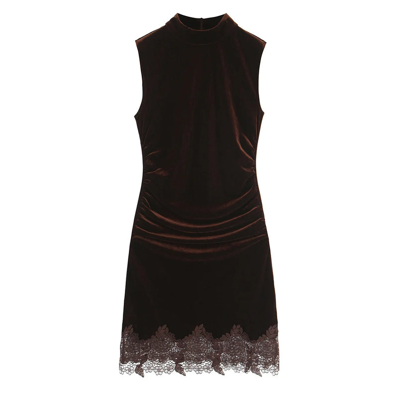 Women Lace Trim Velvet Dress Side Draped Sleeveless Mini Dresses Female