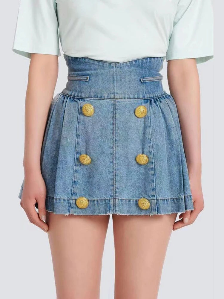 Denim Skirt Double Breasted Lion Button Pressed Pleated Washed Blue Denim Short Mini Skirt