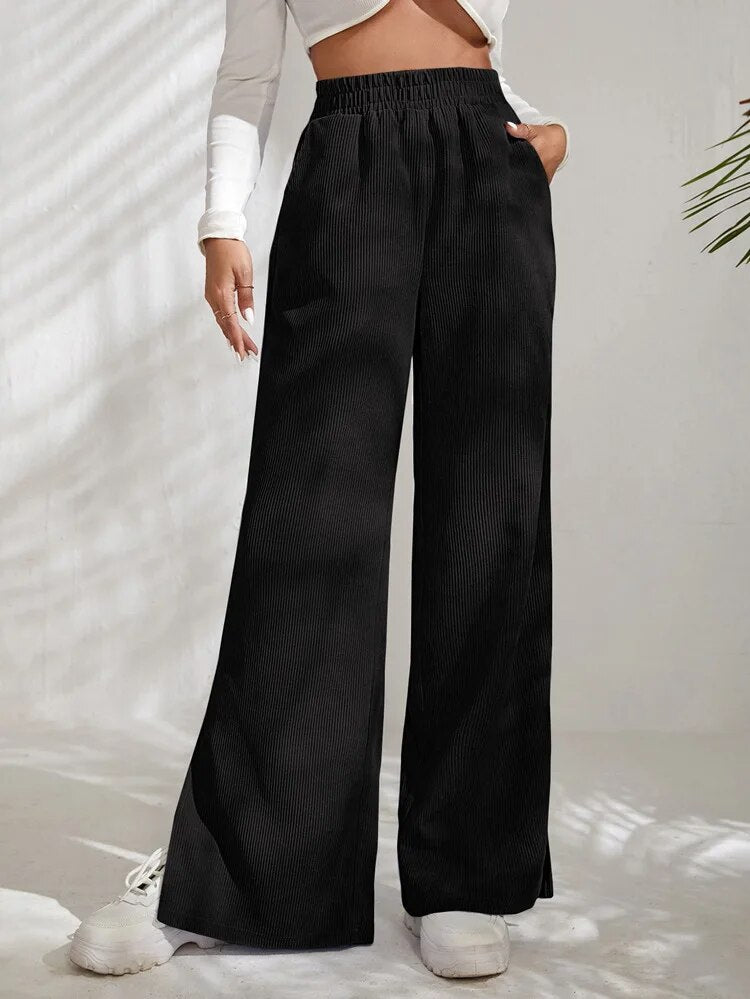 Corduroy Wide Leg Pants Capris Women Vintage High Waist Split Long Pants High Waist Work Summer Capris
